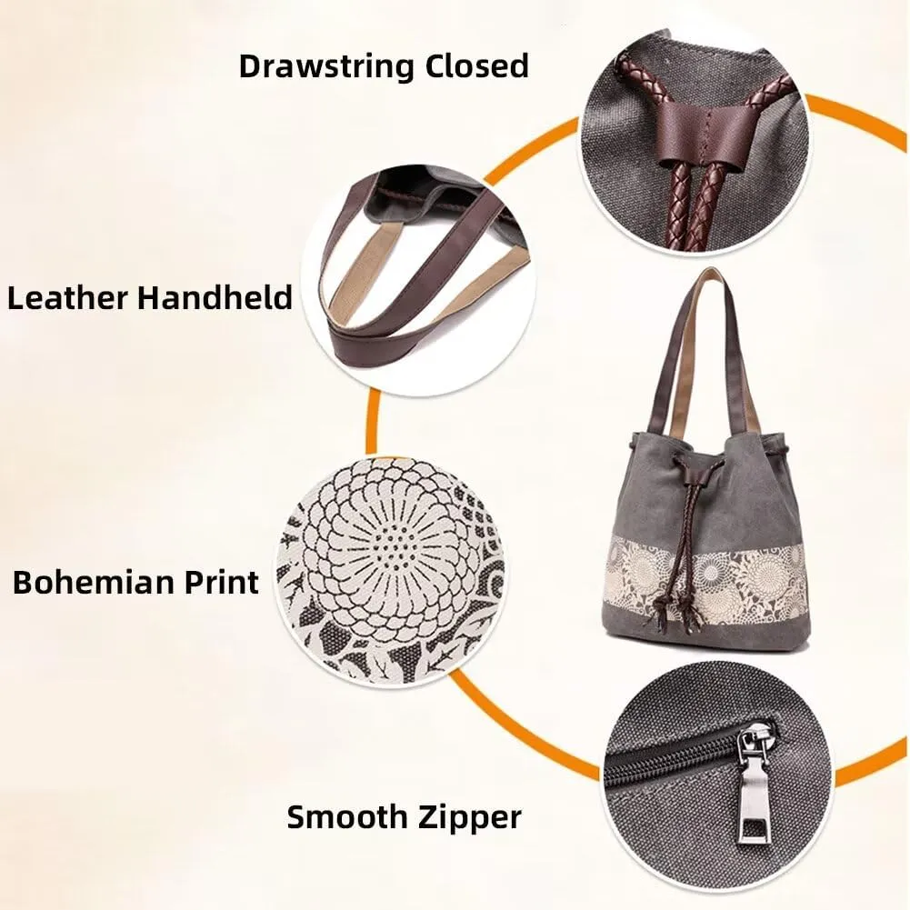 Canvas Bag for Women Casual Boho Purse Multi-pockets Tote Handbag Vintage Shoulder Bag Printed Drawstring Bucket Bag