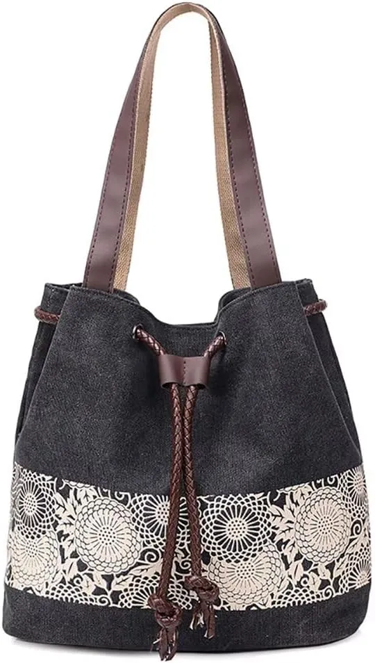 Canvas Bag for Women Casual Boho Purse Multi-pockets Tote Handbag Vintage Shoulder Bag Printed Drawstring Bucket Bag