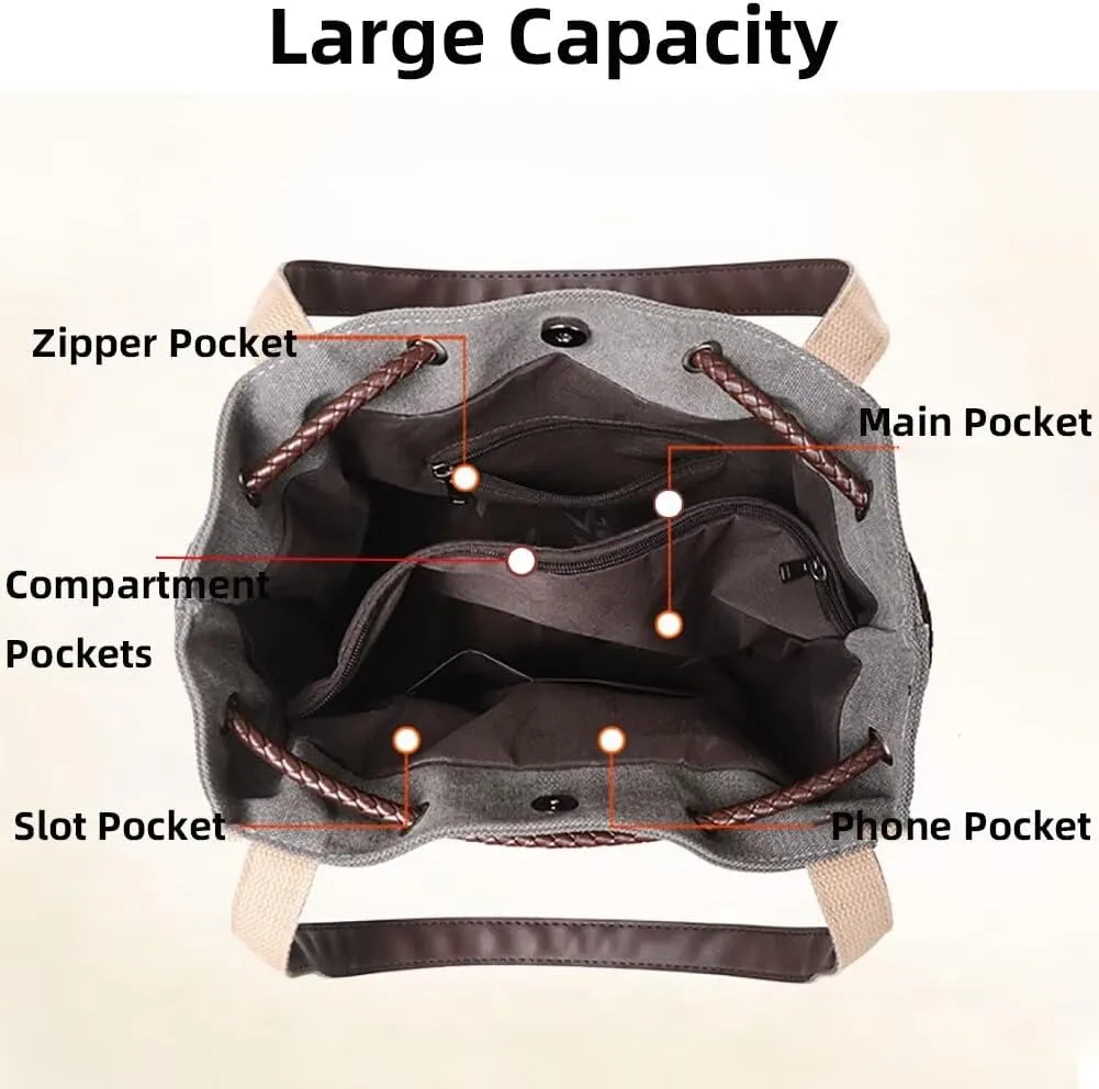 Canvas Bag for Women Casual Boho Purse Multi-pockets Tote Handbag Vintage Shoulder Bag Printed Drawstring Bucket Bag
