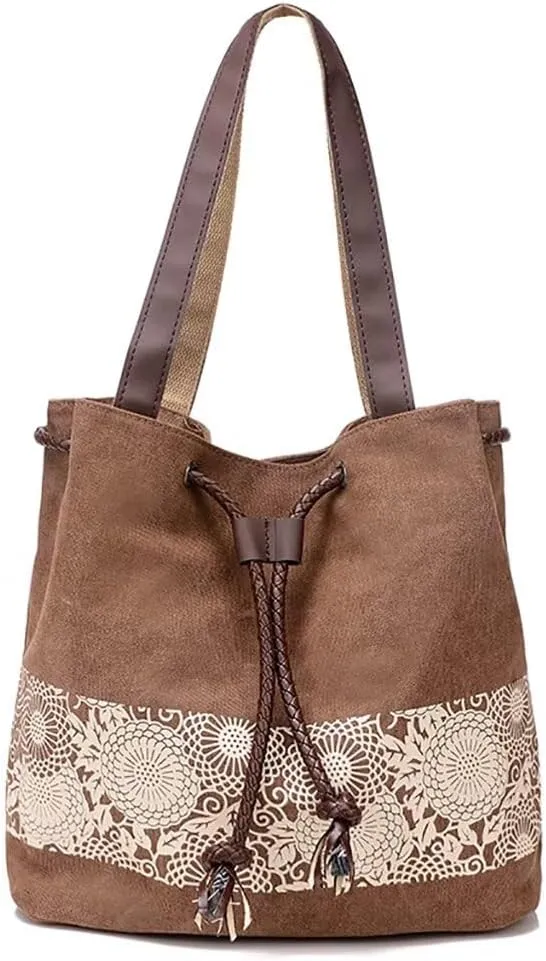 Canvas Bag for Women Casual Boho Purse Multi-pockets Tote Handbag Vintage Shoulder Bag Printed Drawstring Bucket Bag