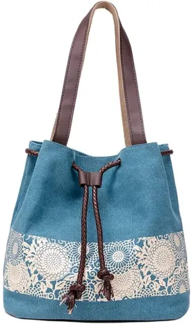 Canvas Bag for Women Casual Boho Purse Multi-pockets Tote Handbag Vintage Shoulder Bag Printed Drawstring Bucket Bag