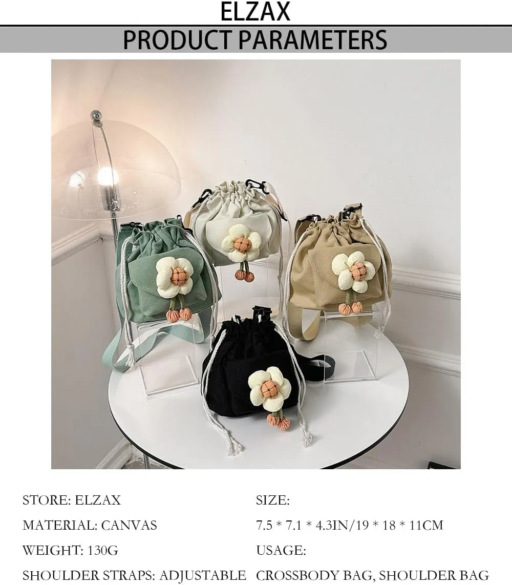 Canvas Drawstring Bucket Bag for Women Flower Print Crossbody Shoulder Drawstring Handbag Cute Lunch Bag