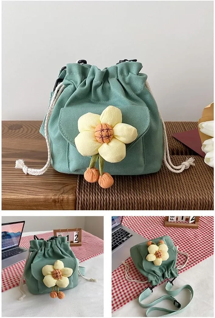 Canvas Drawstring Bucket Bag for Women Flower Print Crossbody Shoulder Drawstring Handbag Cute Lunch Bag