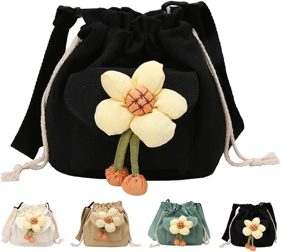 Canvas Drawstring Bucket Bag for Women Flower Print Crossbody Shoulder Drawstring Handbag Cute Lunch Bag