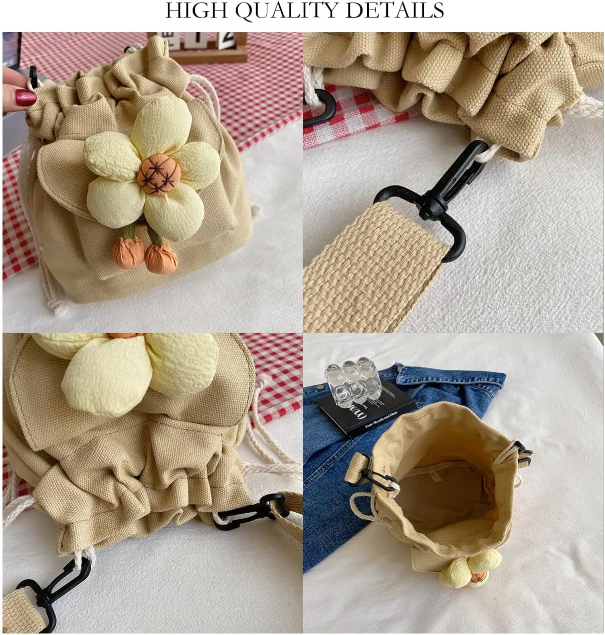 Canvas Drawstring Bucket Bag for Women Flower Print Crossbody Shoulder Drawstring Handbag Cute Lunch Bag
