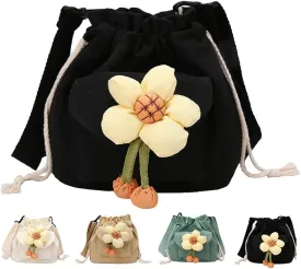 Canvas Drawstring Bucket Bag for Women Flower Print Crossbody Shoulder Drawstring Handbag Cute Lunch Bag