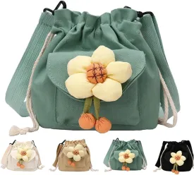 Canvas Drawstring Bucket Bag for Women Flower Print Crossbody Shoulder Drawstring Handbag Cute Lunch Bag