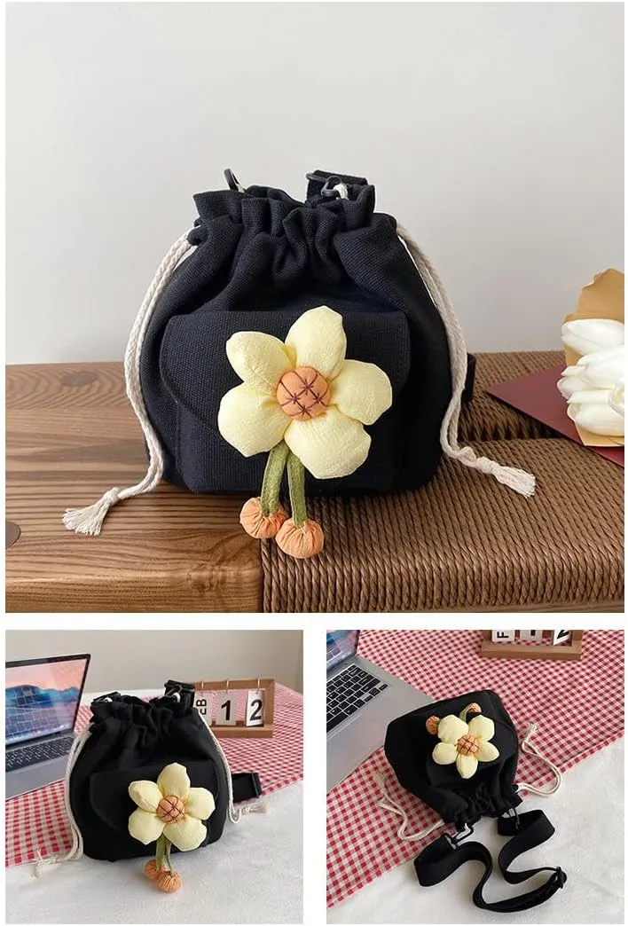 Canvas Drawstring Bucket Bag for Women Flower Print Crossbody Shoulder Drawstring Handbag Cute Lunch Bag