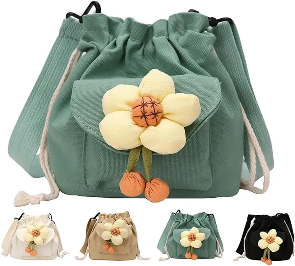 Canvas Drawstring Bucket Bag for Women Flower Print Crossbody Shoulder Drawstring Handbag Cute Lunch Bag