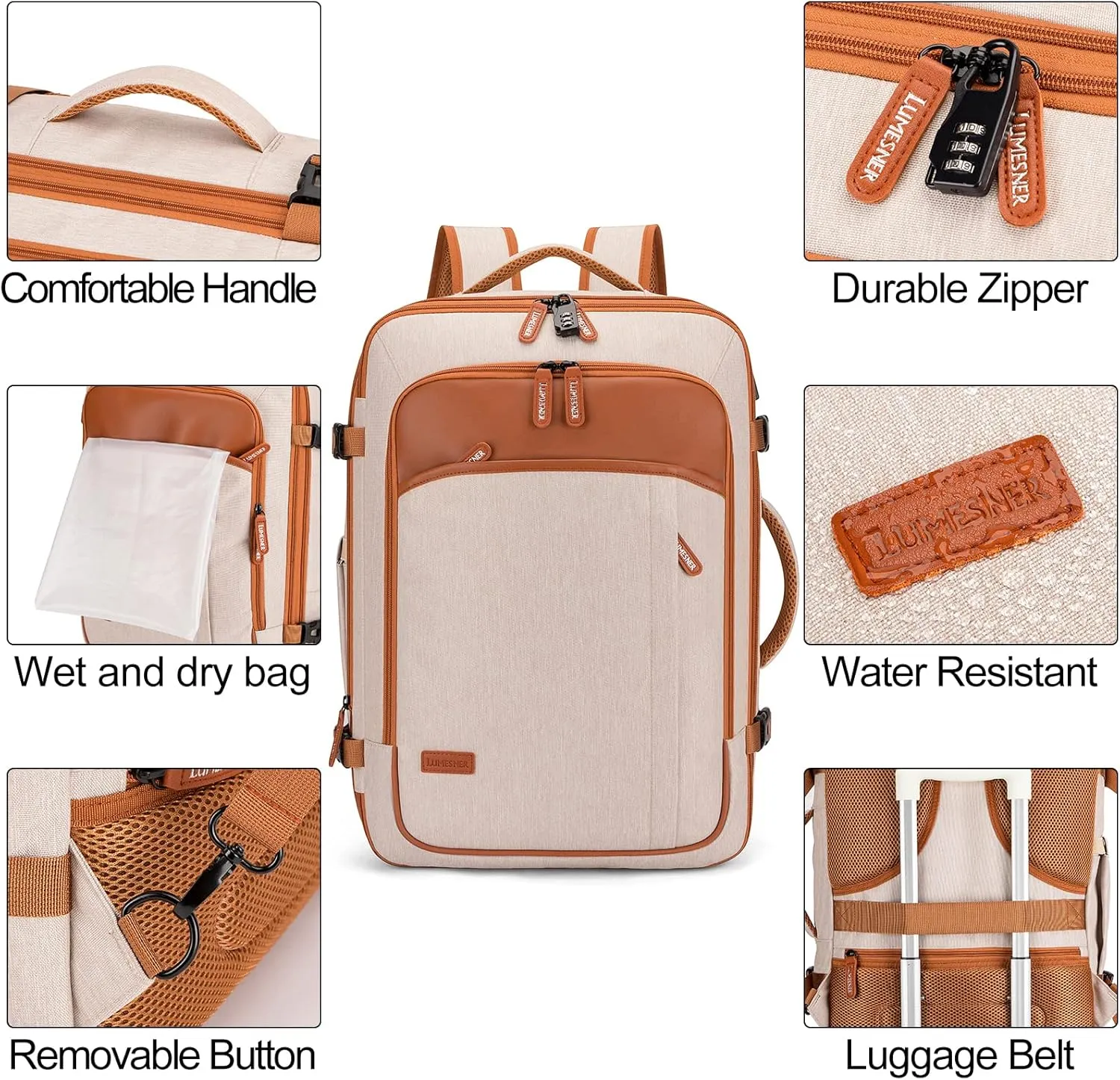 Carry on Travel Backpacks, Extra Large 40L Flight Approved for Men & Women,Expandable Suitcase With 4 Packing Cubes,Water Resistant Luggage Daypack Business Weekender Bag,Beige