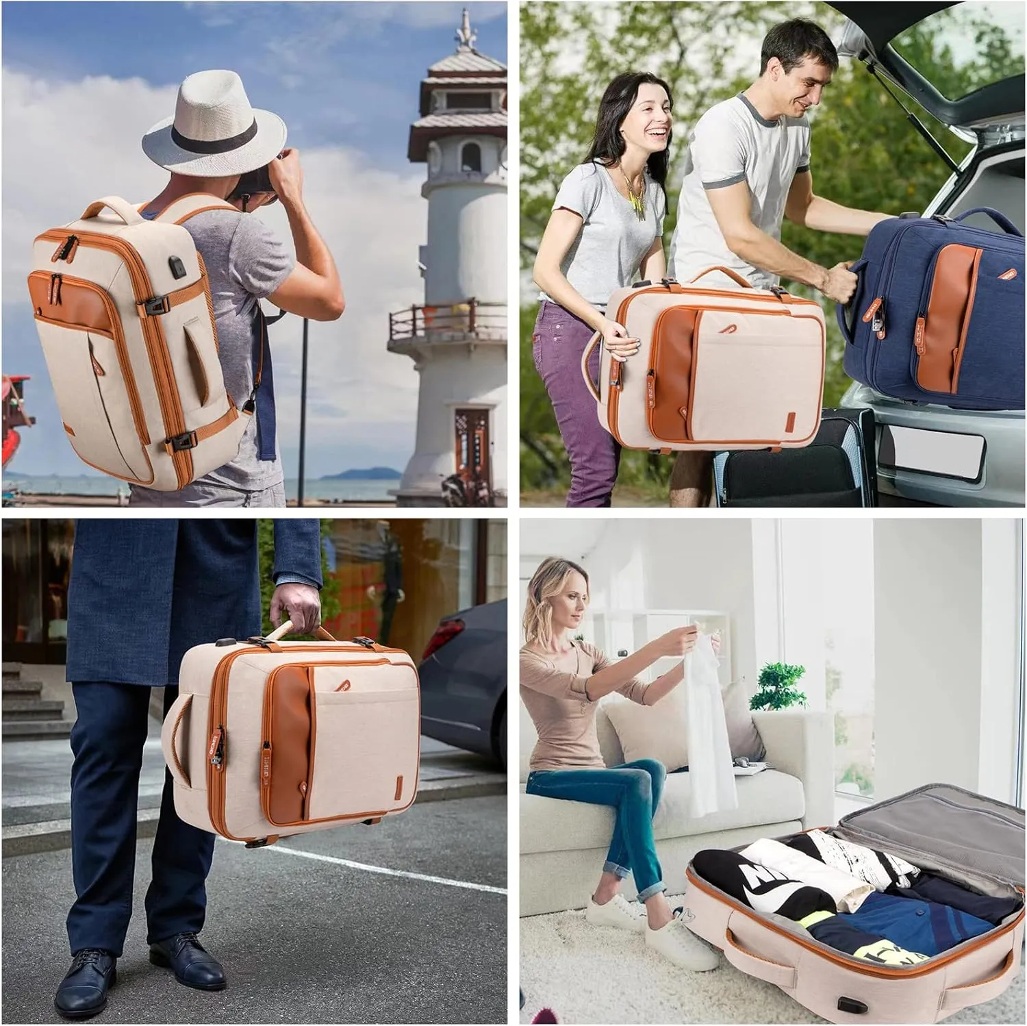 Carry on Travel Backpacks, Extra Large 40L Flight Approved for Men & Women,Expandable Suitcase With 4 Packing Cubes,Water Resistant Luggage Daypack Business Weekender Bag,Beige