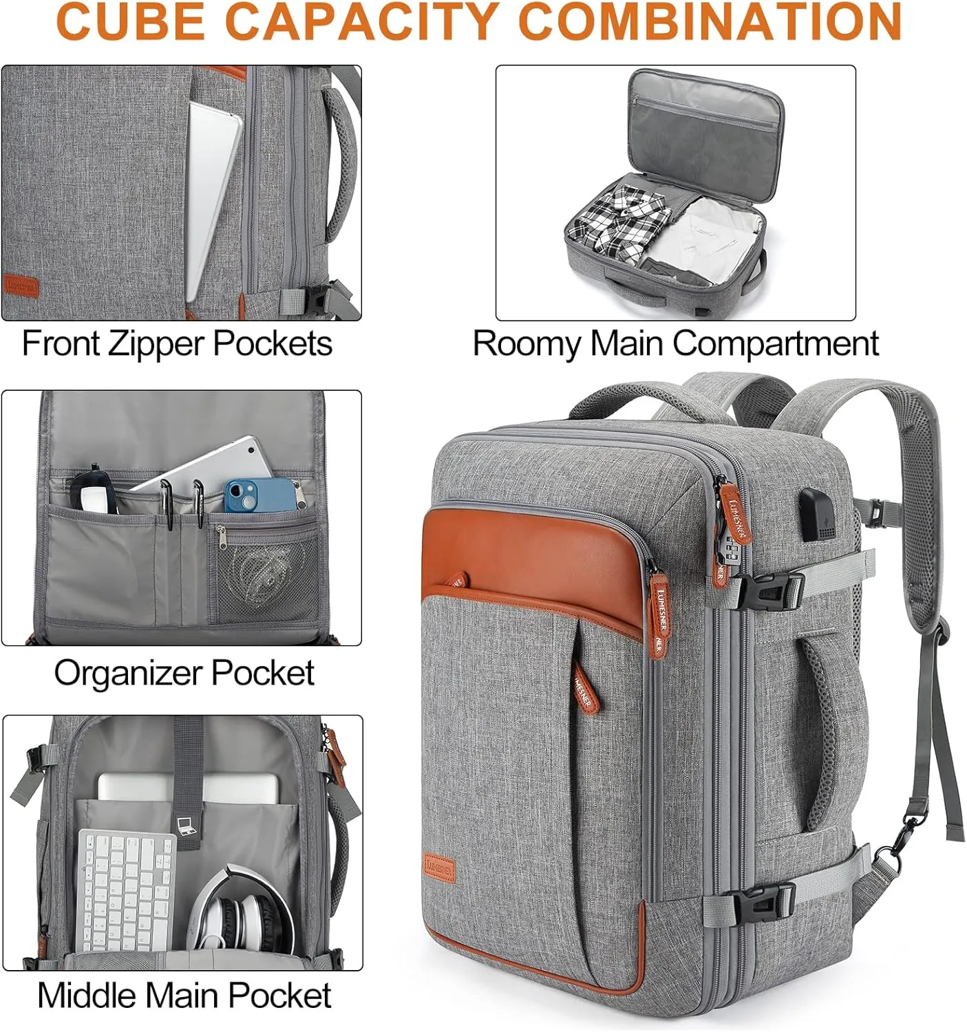 Carry on Travel Backpacks, Extra Large 40L Flight Approved for Men & Women,Expandable Suitcase With 4 Packing Cubes,Water Resistant Luggage Daypack Business Weekender Bag,Grey