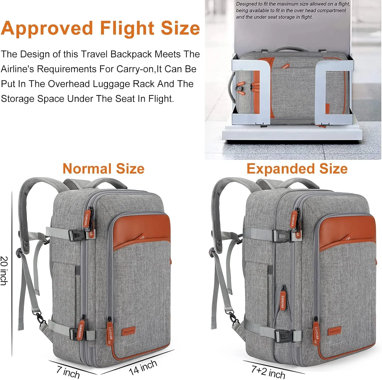 Carry on Travel Backpacks, Extra Large 40L Flight Approved for Men & Women,Expandable Suitcase With 4 Packing Cubes,Water Resistant Luggage Daypack Business Weekender Bag,Grey