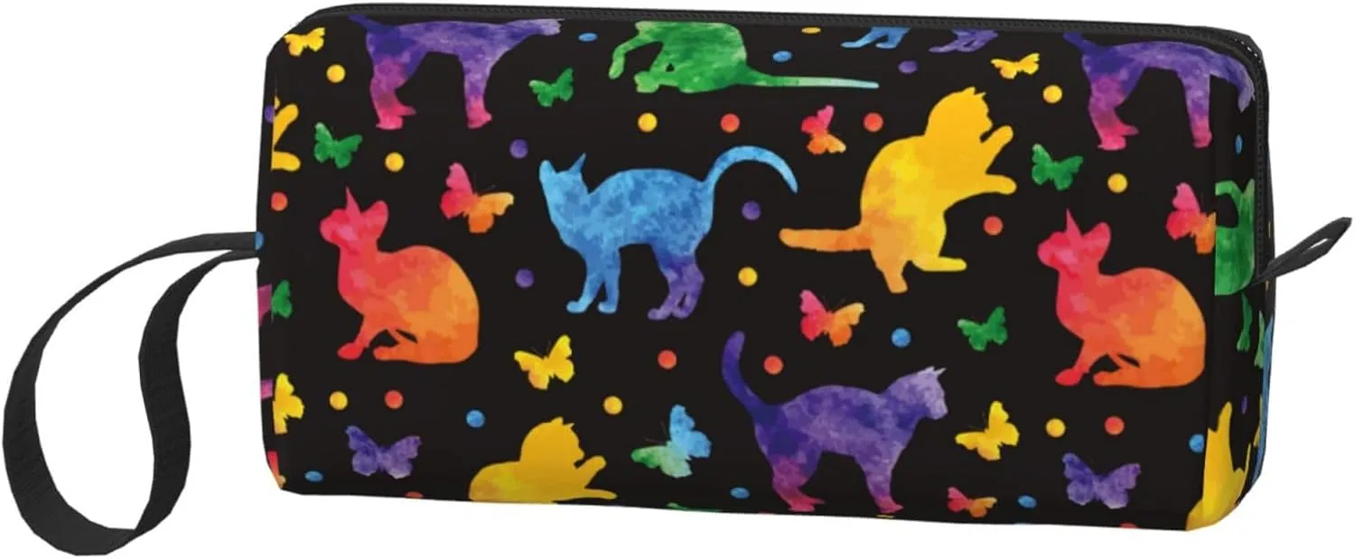 Cat Butterfly Pretty Cute Makeup Bag Organizer Small Cosmetic Bags Portable Travel Toiletry Bag With Handle Simple Accessories Storage Zipper Pouch For Women Girl