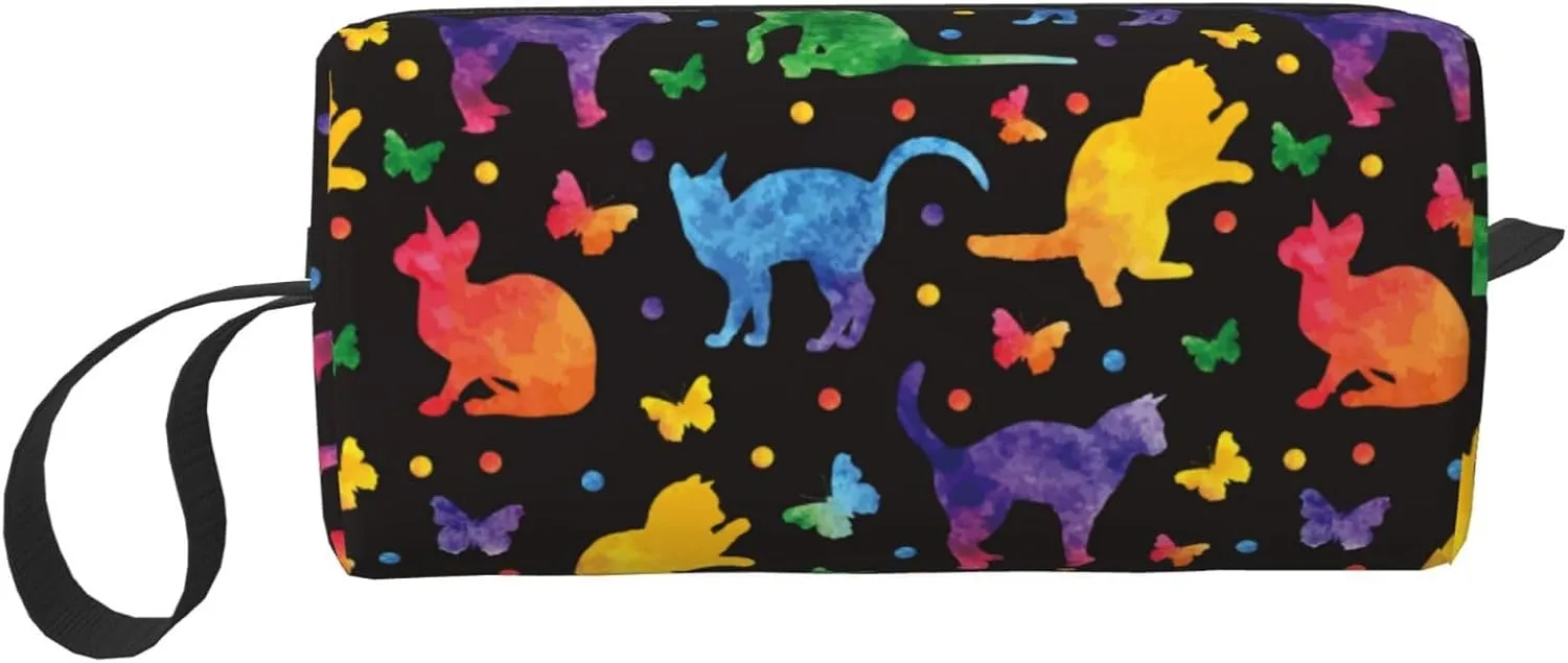 Cat Butterfly Pretty Cute Makeup Bag Organizer Small Cosmetic Bags Portable Travel Toiletry Bag With Handle Simple Accessories Storage Zipper Pouch For Women Girl