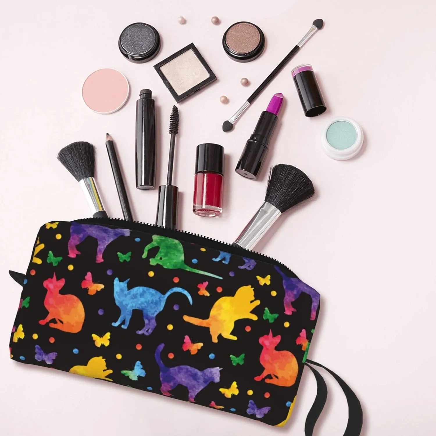 Cat Butterfly Pretty Cute Makeup Bag Organizer Small Cosmetic Bags Portable Travel Toiletry Bag With Handle Simple Accessories Storage Zipper Pouch For Women Girl