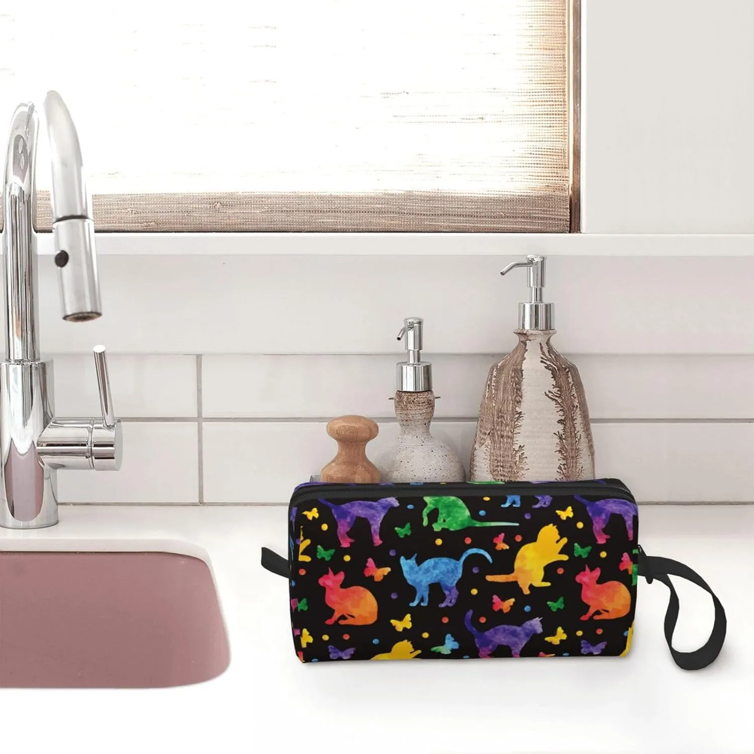 Cat Butterfly Pretty Cute Makeup Bag Organizer Small Cosmetic Bags Portable Travel Toiletry Bag With Handle Simple Accessories Storage Zipper Pouch For Women Girl