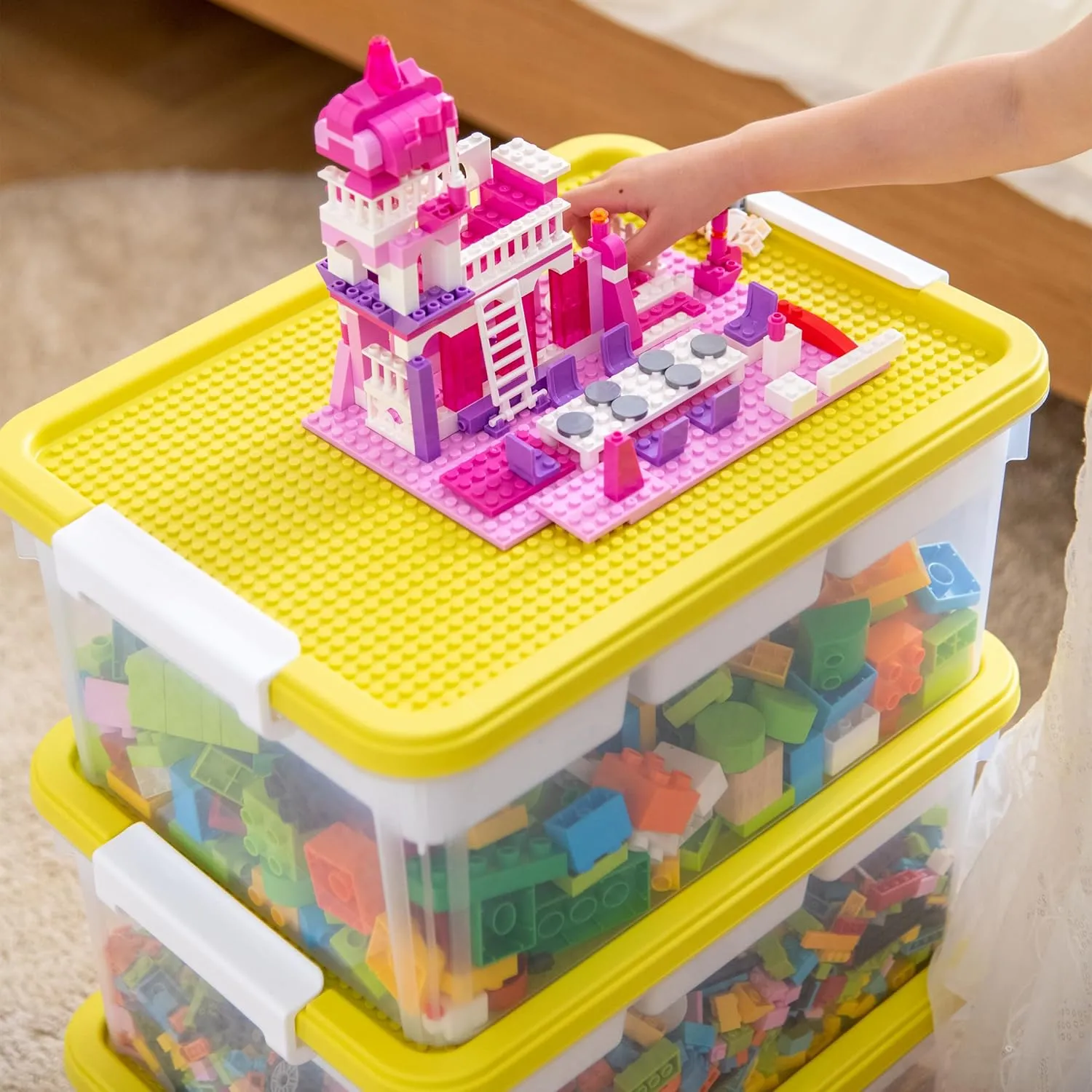 Citylife 17 QT Plastic Storage Box with Building Baseplate Lid and Removable Tray Craft Organizers and Storage Clear Storage Container for Organizing Bead, Tool, Sewing, Yellow