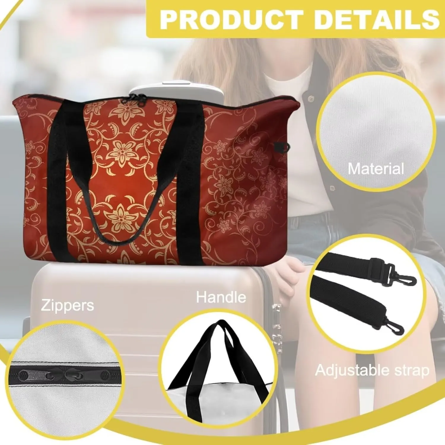 Classic Flower Textured Print Duffel Bag 22.24 x 6.3 x 13 Inches - Large Capacity Carry On Travel Bag with Adjustable Shoulder Strap - Lightweight Gym & Weekender Holdall for Men Women