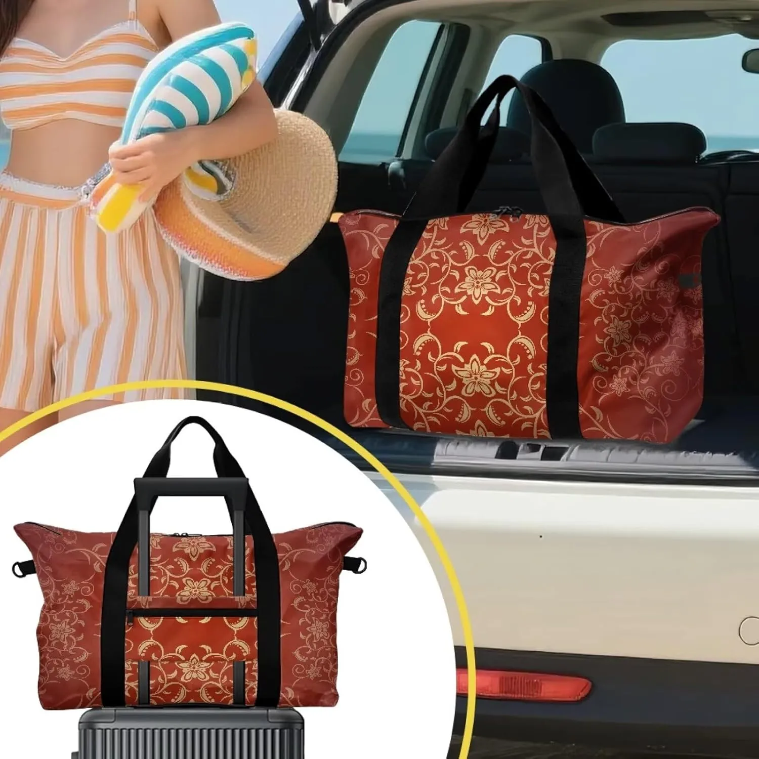 Classic Flower Textured Print Duffel Bag 22.24 x 6.3 x 13 Inches - Large Capacity Carry On Travel Bag with Adjustable Shoulder Strap - Lightweight Gym & Weekender Holdall for Men Women