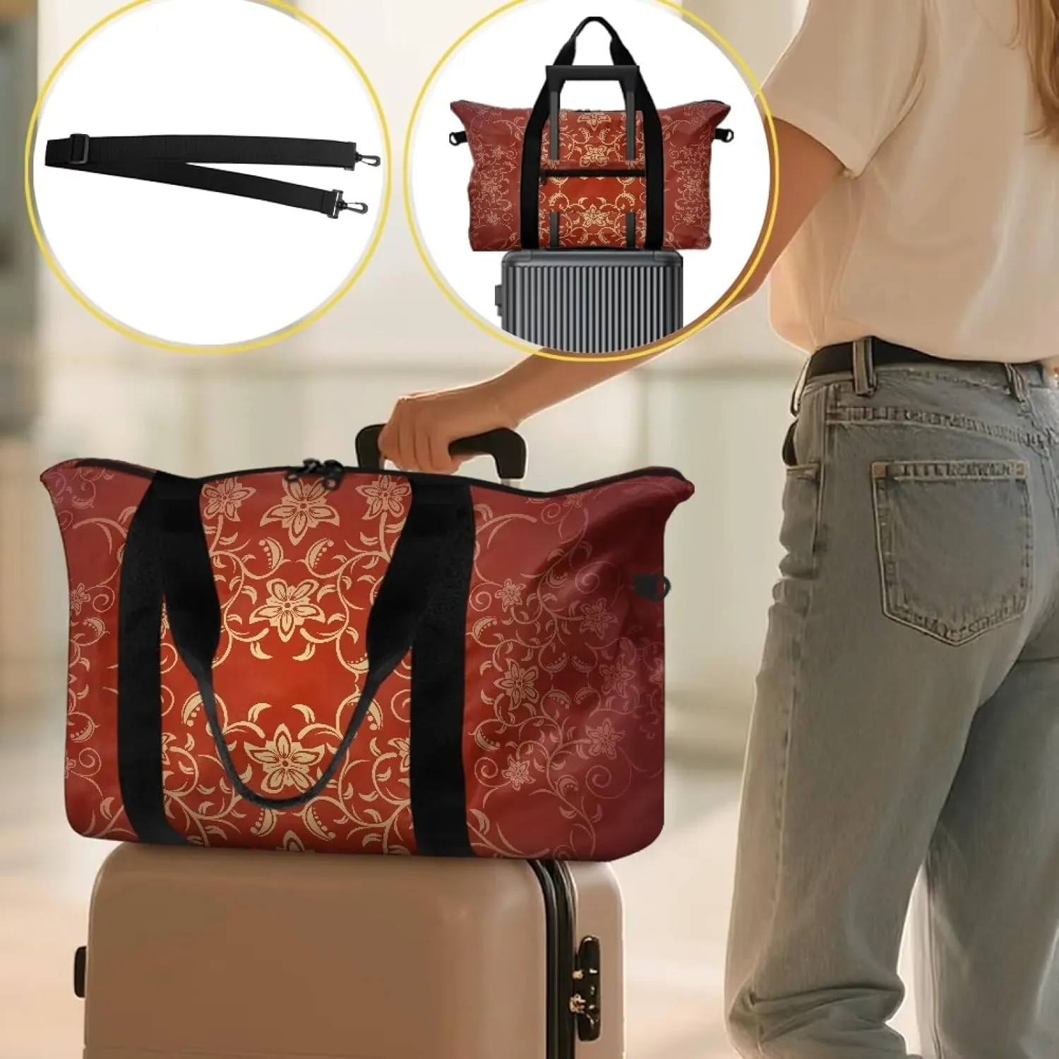 Classic Flower Textured Print Duffel Bag 22.24 x 6.3 x 13 Inches - Large Capacity Carry On Travel Bag with Adjustable Shoulder Strap - Lightweight Gym & Weekender Holdall for Men Women