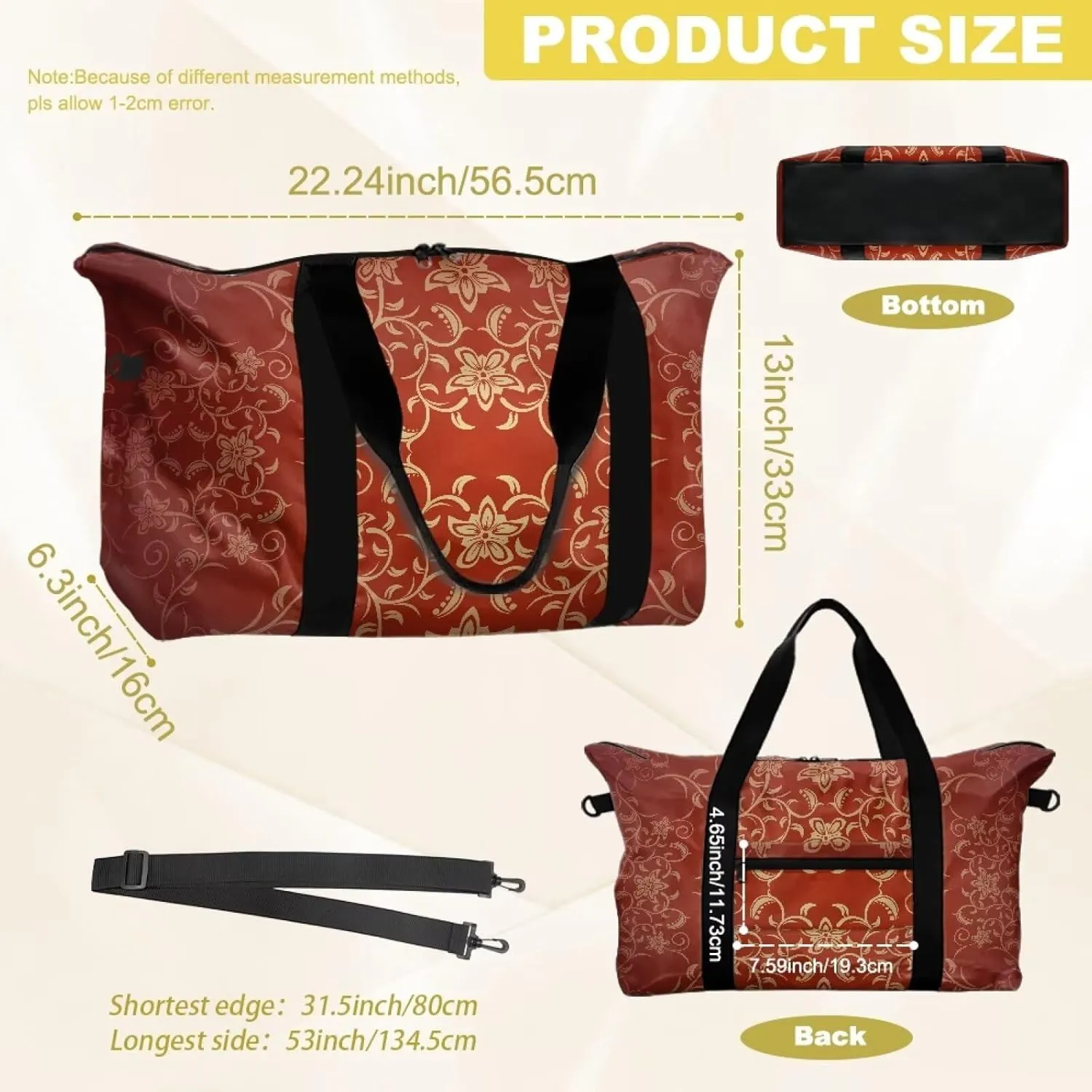 Classic Flower Textured Print Duffel Bag 22.24 x 6.3 x 13 Inches - Large Capacity Carry On Travel Bag with Adjustable Shoulder Strap - Lightweight Gym & Weekender Holdall for Men Women