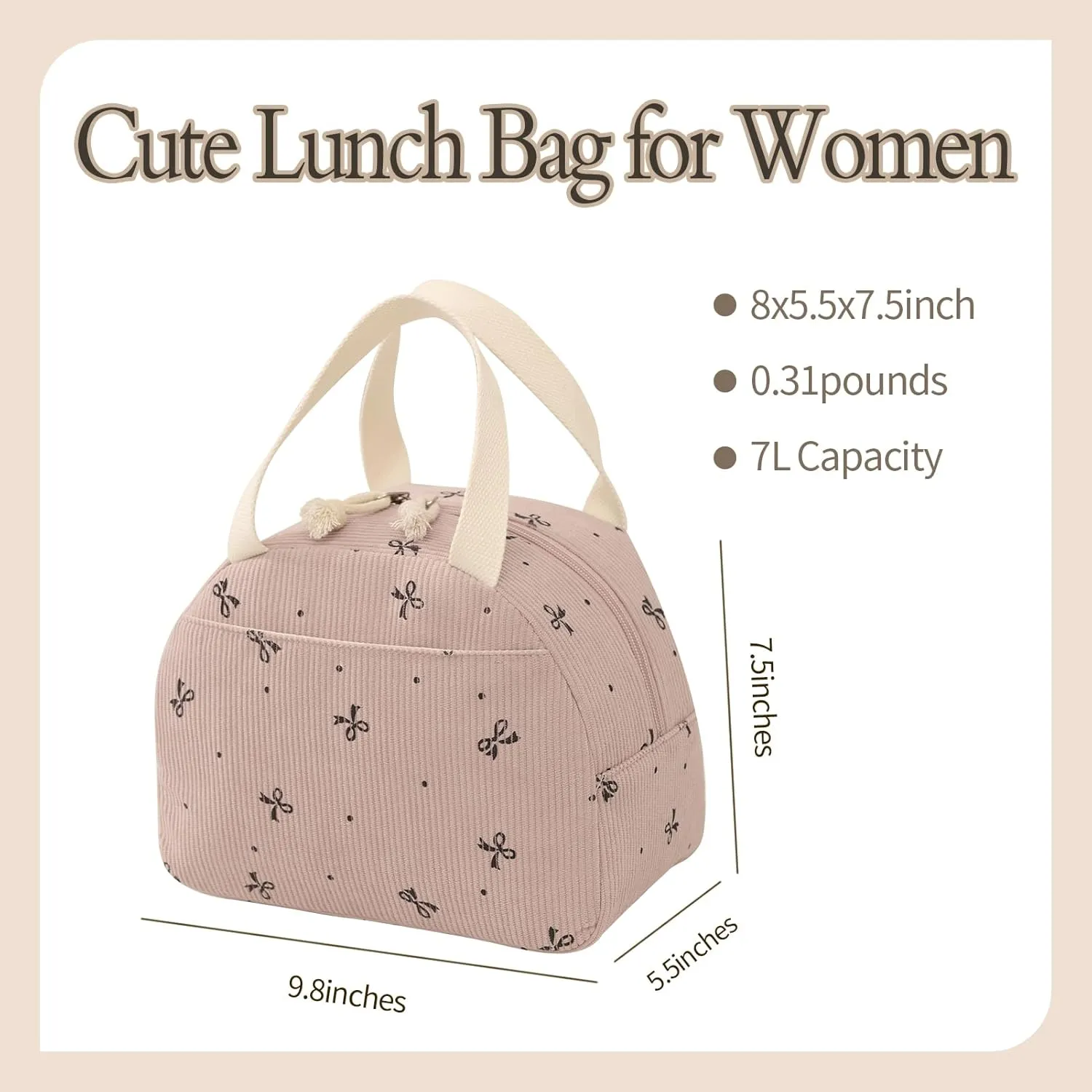 Corduroy Lunch Bag for Women Men Cute Lunch Tote Bags Reusable Insulated Lunch Box Large Capacity Reusable Insulated Cooler for Work/Picnic/Travel (Corduroy Pink Bow)