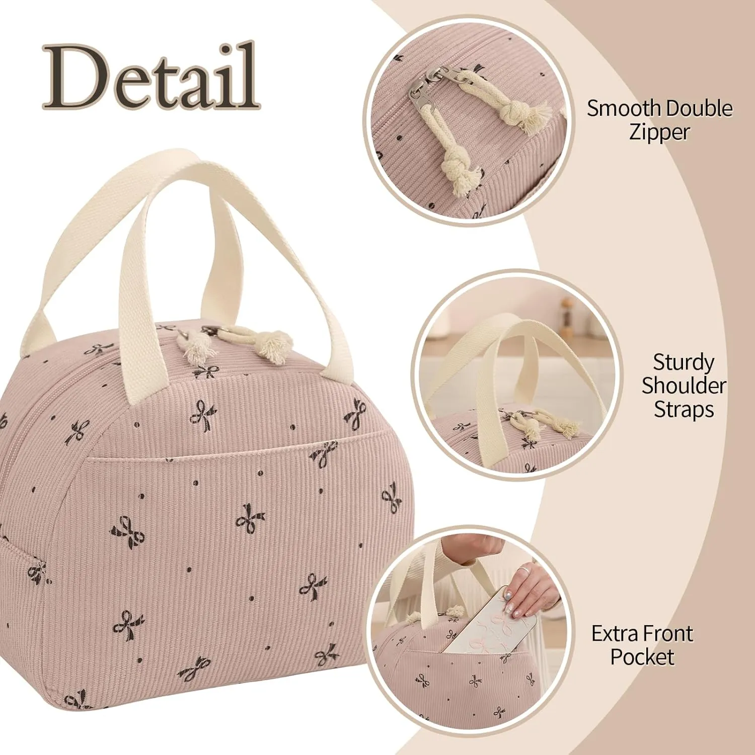 Corduroy Lunch Bag for Women Men Cute Lunch Tote Bags Reusable Insulated Lunch Box Large Capacity Reusable Insulated Cooler for Work/Picnic/Travel (Corduroy Pink Bow)