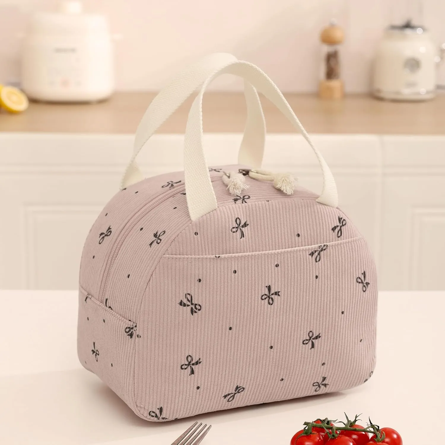 Corduroy Lunch Bag for Women Men Cute Lunch Tote Bags Reusable Insulated Lunch Box Large Capacity Reusable Insulated Cooler for Work/Picnic/Travel (Corduroy Pink Bow)