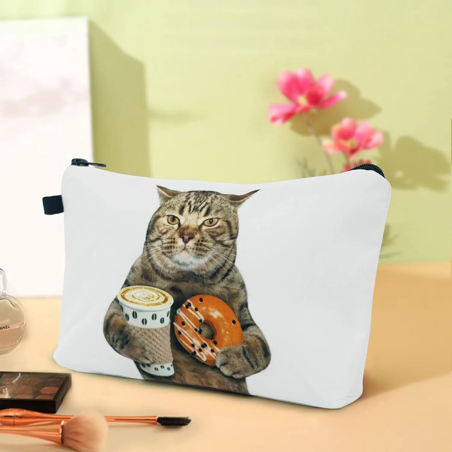 Cosmetic Bags for Women Small Funny Cat Holding Donut and Coffee Makeup Bag for Purse Travel Toiletry Bag Accessories Organizer Zipper Pouch Gift Idea