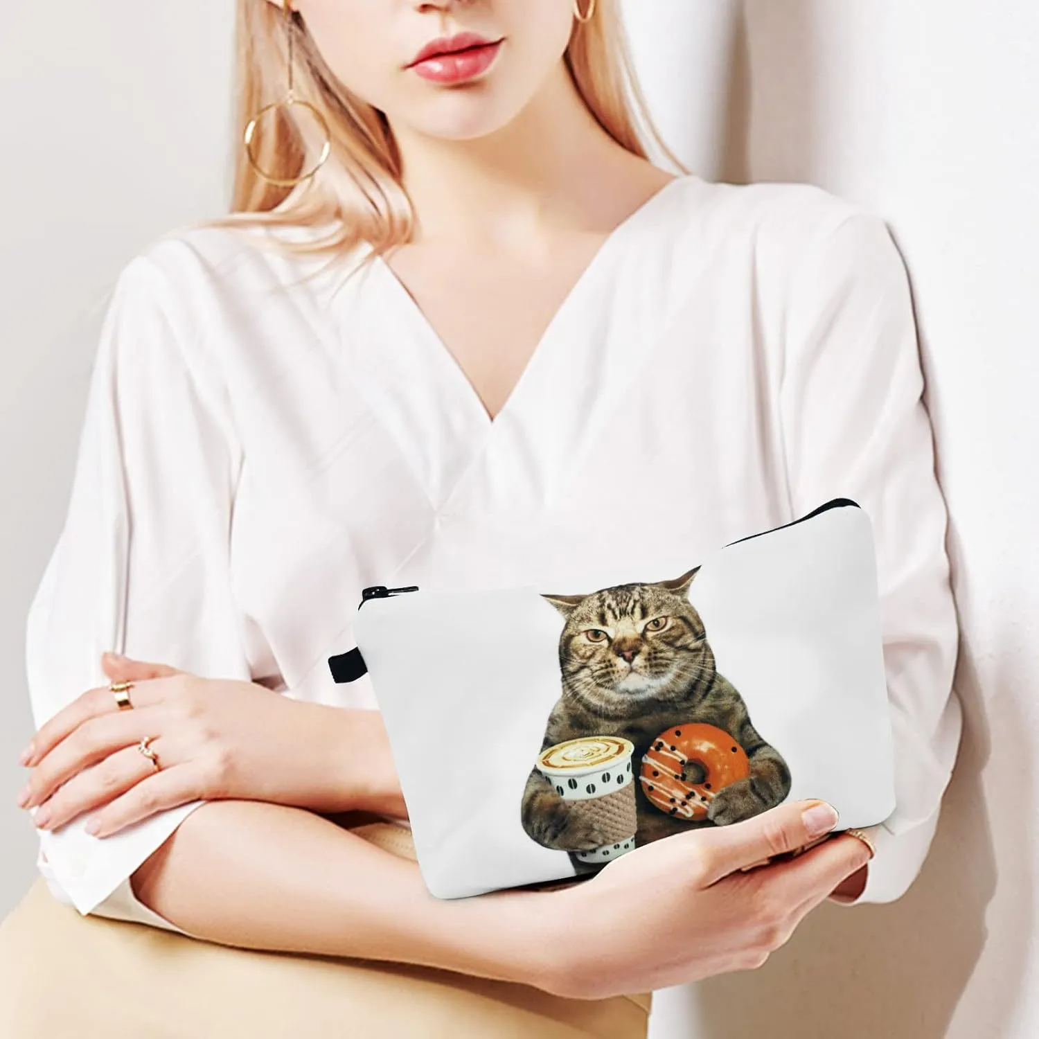 Cosmetic Bags for Women Small Funny Cat Holding Donut and Coffee Makeup Bag for Purse Travel Toiletry Bag Accessories Organizer Zipper Pouch Gift Idea