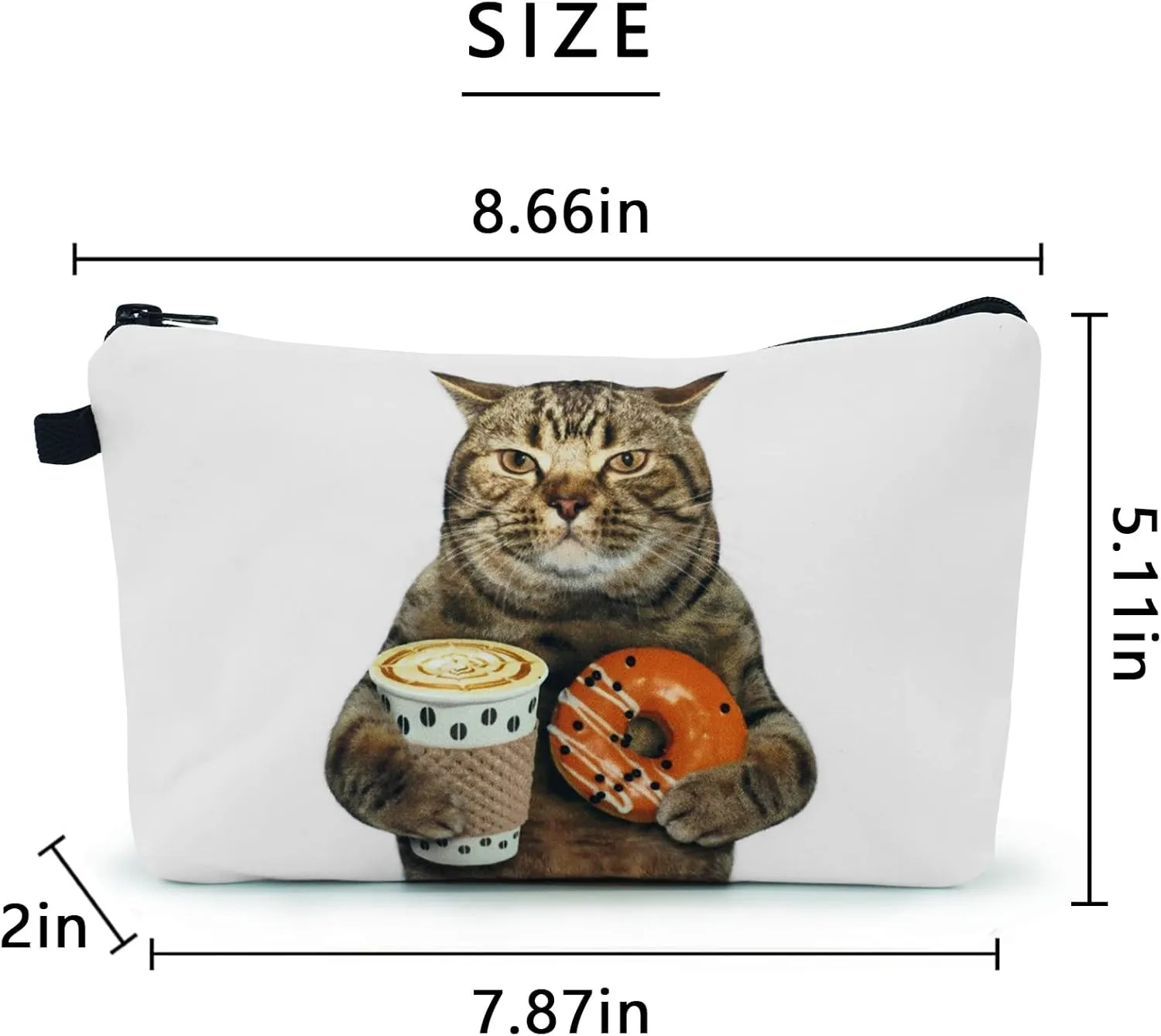 Cosmetic Bags for Women Small Funny Cat Holding Donut and Coffee Makeup Bag for Purse Travel Toiletry Bag Accessories Organizer Zipper Pouch Gift Idea