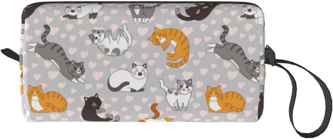 Cute Cat Kitten Kawaii Makeup Bag Organizer Small Cosmetic Bags Portable Travel Toiletry Bag With Handle Simple Accessories Storage Zipper Pouch For Women Girl