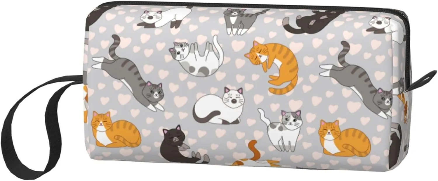 Cute Cat Kitten Kawaii Makeup Bag Organizer Small Cosmetic Bags Portable Travel Toiletry Bag With Handle Simple Accessories Storage Zipper Pouch For Women Girl