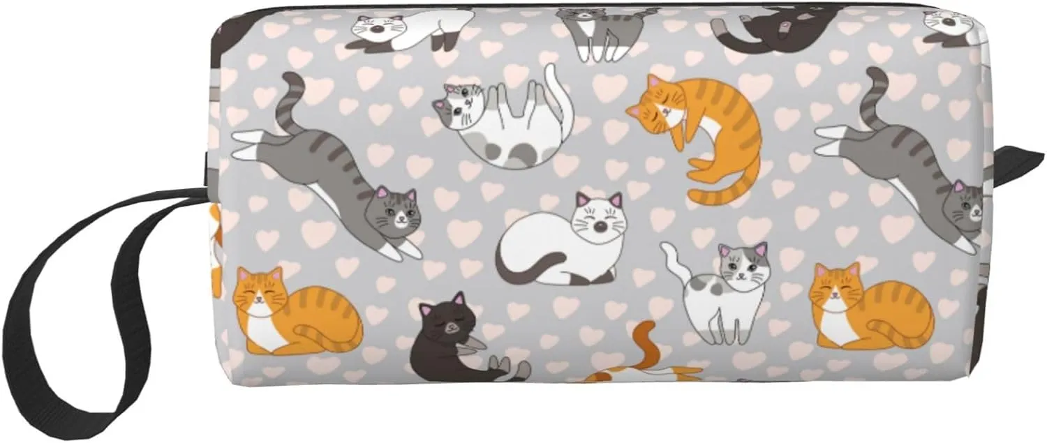 Cute Cat Kitten Kawaii Makeup Bag Organizer Small Cosmetic Bags Portable Travel Toiletry Bag With Handle Simple Accessories Storage Zipper Pouch For Women Girl