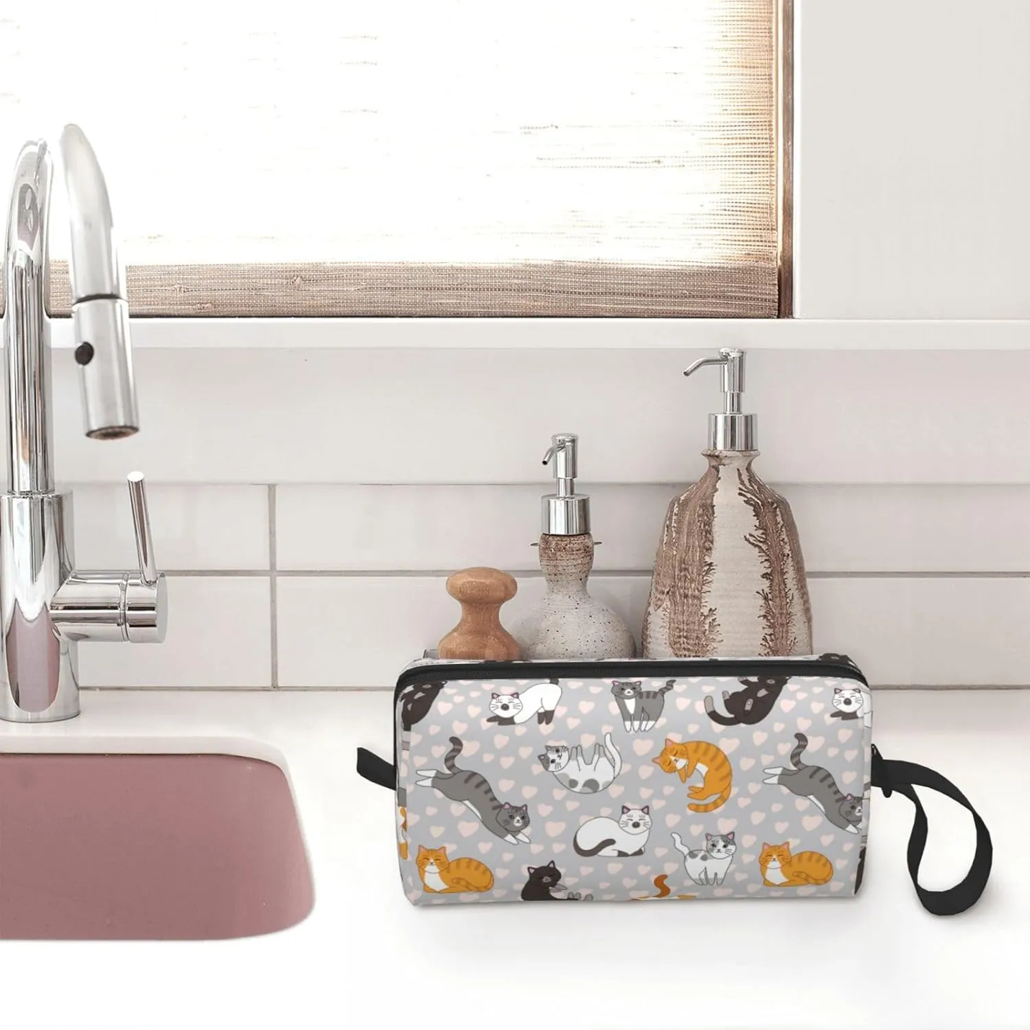Cute Cat Kitten Kawaii Makeup Bag Organizer Small Cosmetic Bags Portable Travel Toiletry Bag With Handle Simple Accessories Storage Zipper Pouch For Women Girl