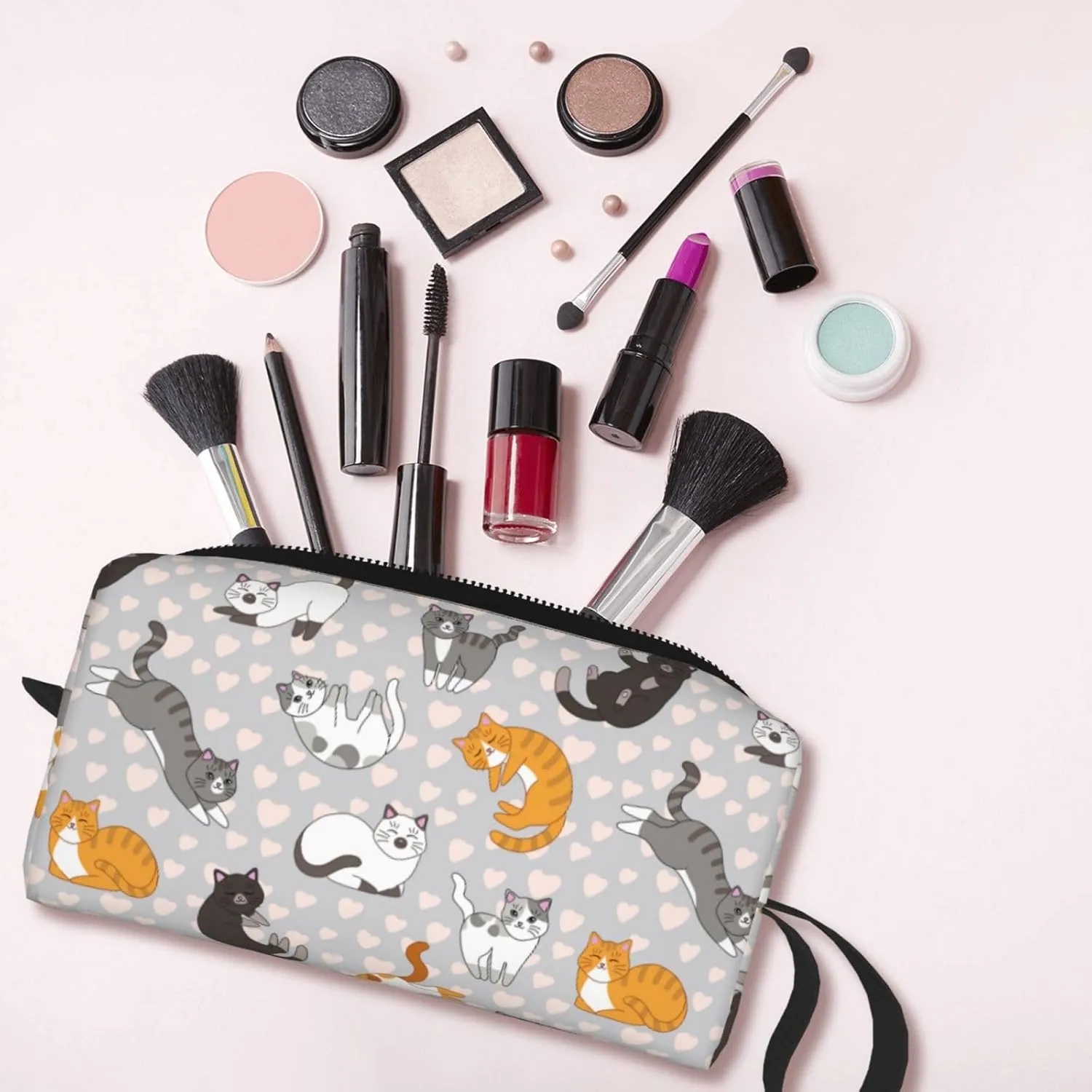 Cute Cat Kitten Kawaii Makeup Bag Organizer Small Cosmetic Bags Portable Travel Toiletry Bag With Handle Simple Accessories Storage Zipper Pouch For Women Girl