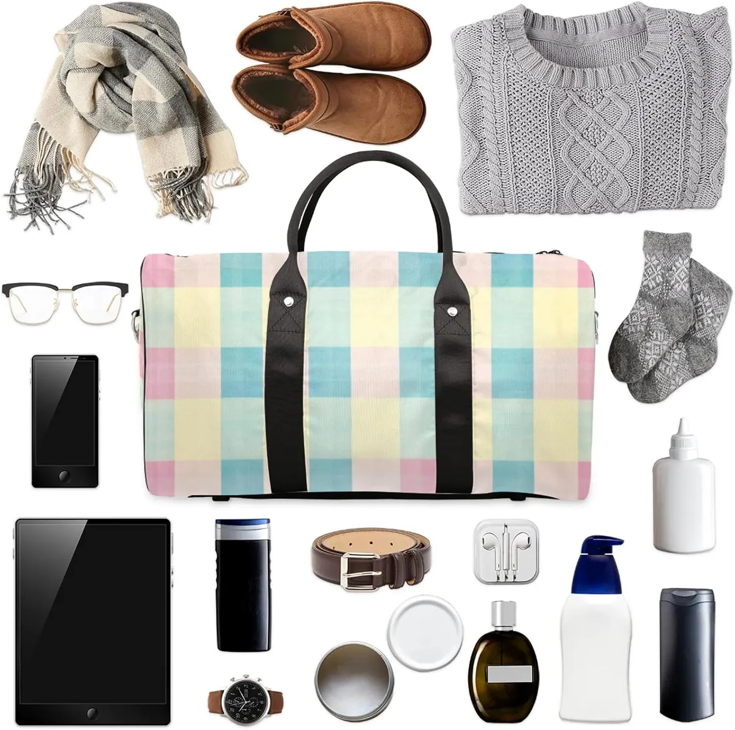 Cute Duffle Bag for Travel, Overnight Weekend Gym Carry On Luggage Bag, Buffalo Check Plaid Travel Duffel Bag for Men Women
