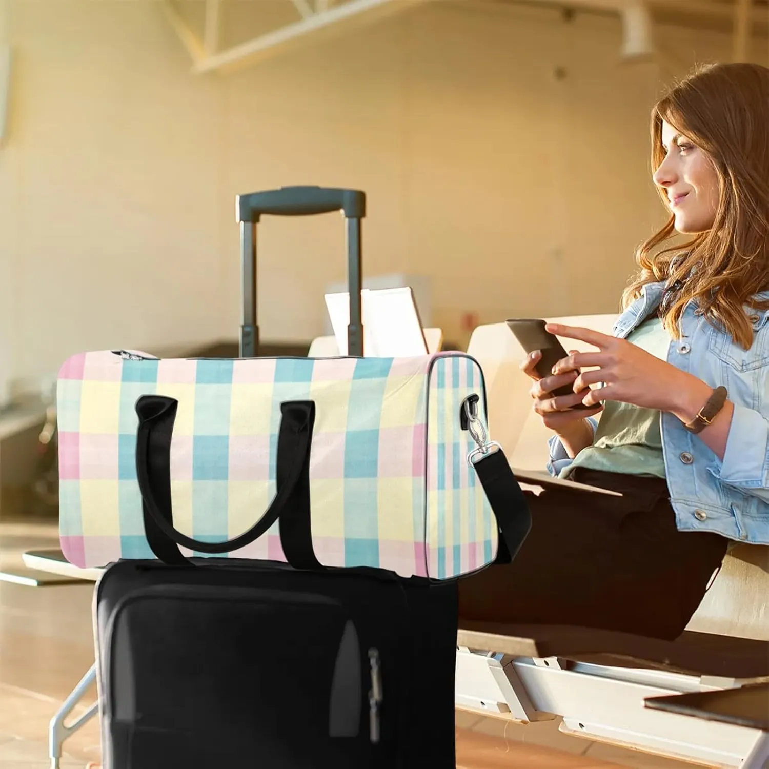 Cute Duffle Bag for Travel, Overnight Weekend Gym Carry On Luggage Bag, Buffalo Check Plaid Travel Duffel Bag for Men Women