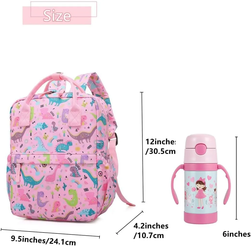 Cute Preschool Backpack Toddler School Book Bag for Girls Boys Kids Kindergarten Nursery Travel Bag with Chest Strap(12inch, Pink Dinosaur)