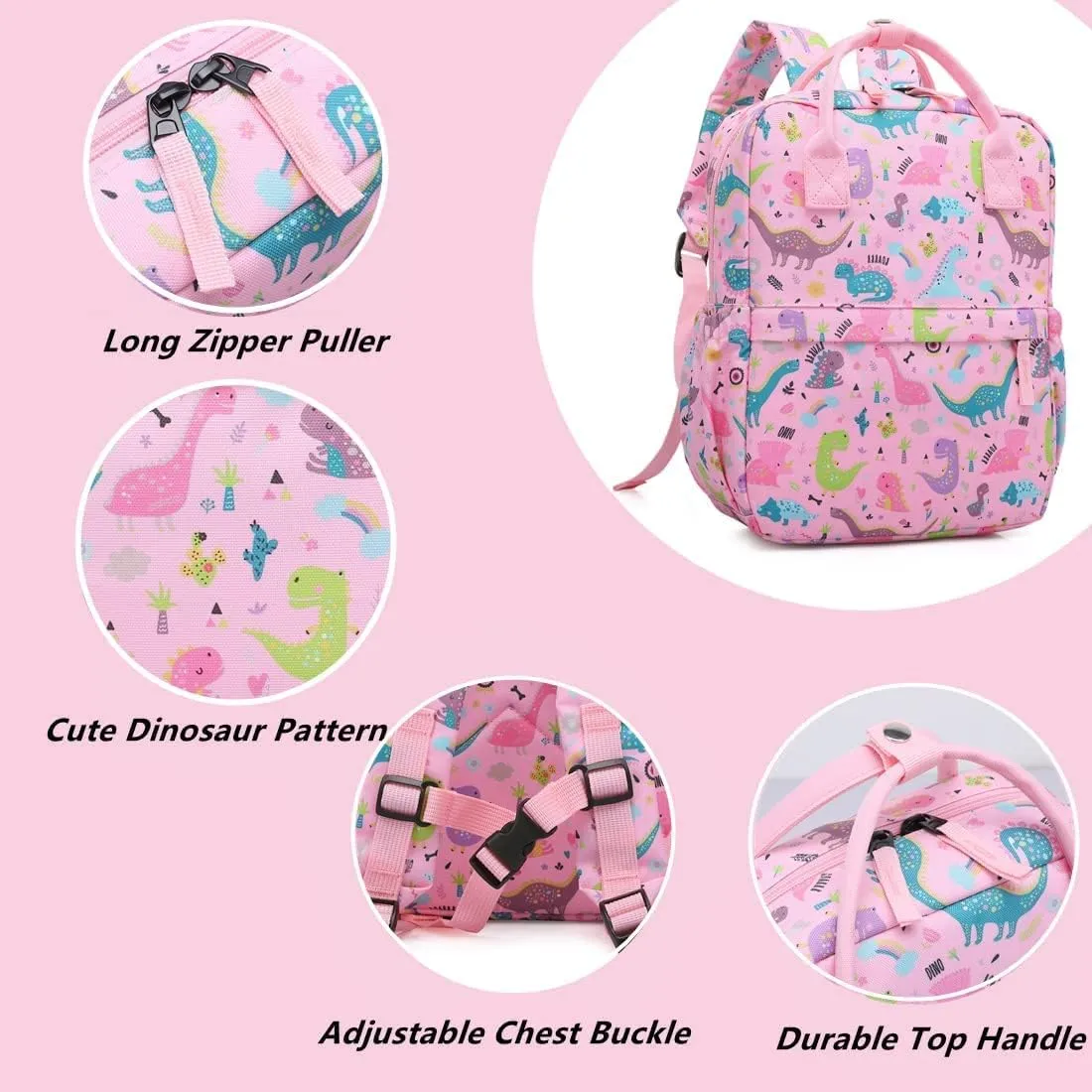 Cute Preschool Backpack Toddler School Book Bag for Girls Boys Kids Kindergarten Nursery Travel Bag with Chest Strap(12inch, Pink Dinosaur)