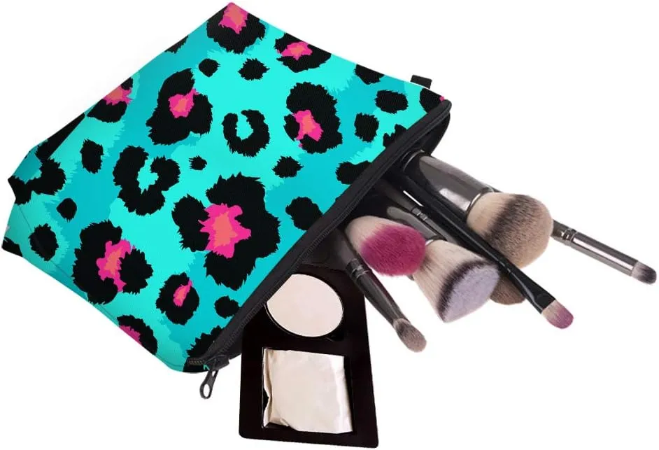 Cute Travel Makeup Bag Cosmetic Bag Small Pouch Gift for Women (Big Leopard Jade Green)