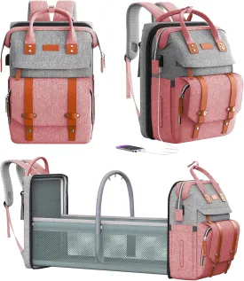 Diaper Bag Backpack with Changing Station, Large Diaper Bag, Multifunctional Diaper Bag, Baby Bag, PinkGray