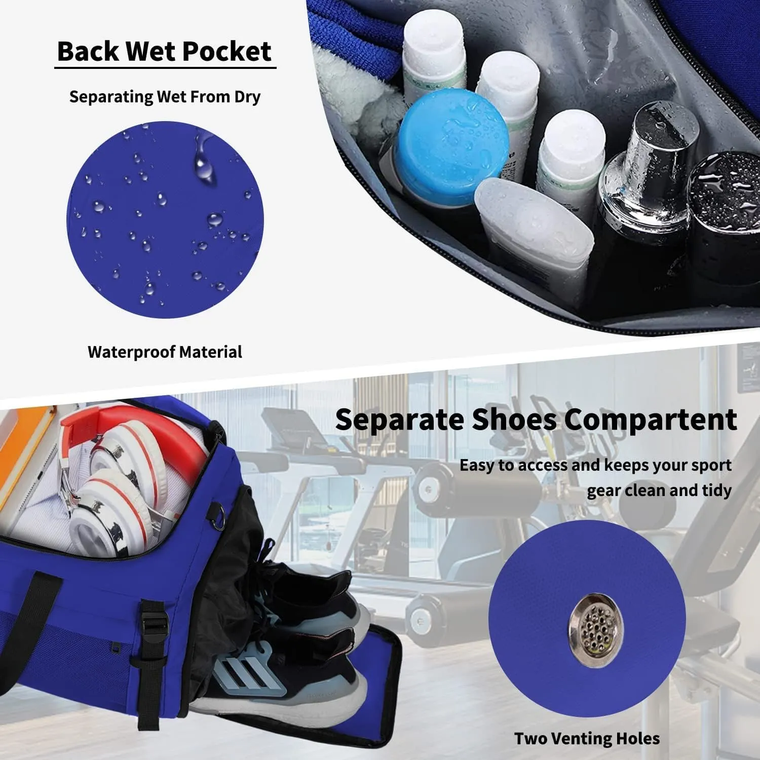 Eackrola Extra Large Sports Gym Bag, Travel Duffel bag with Wet Pocket & Shoes Compartment for men women, 85L, Lightweight Blue