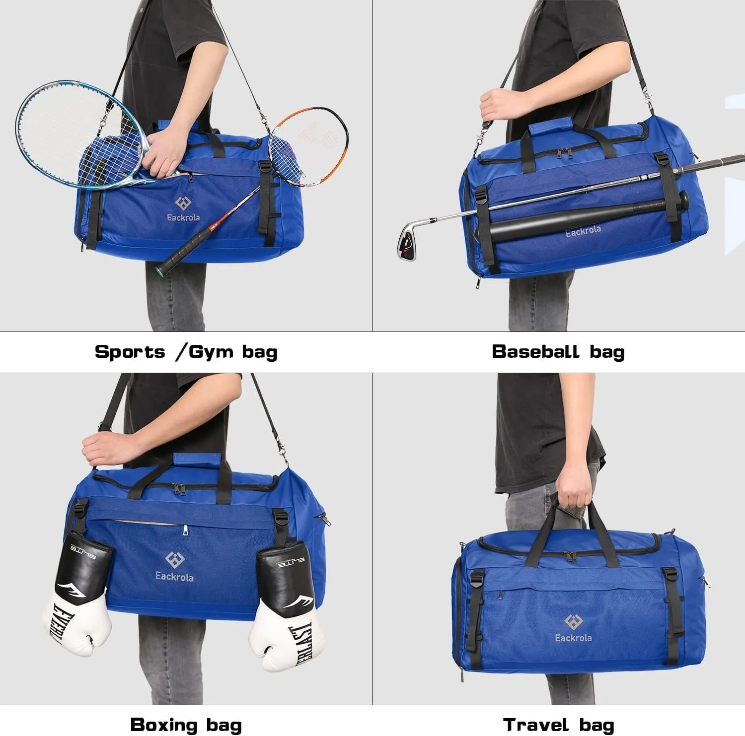 Eackrola Extra Large Sports Gym Bag, Travel Duffel bag with Wet Pocket & Shoes Compartment for men women, 85L, Lightweight Blue