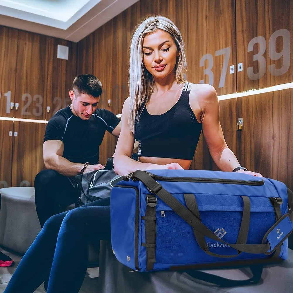 Eackrola Extra Large Sports Gym Bag, Travel Duffel bag with Wet Pocket & Shoes Compartment for men women, 85L, Lightweight Blue