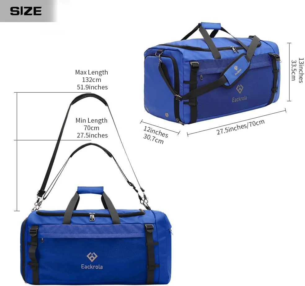 Eackrola Extra Large Sports Gym Bag, Travel Duffel bag with Wet Pocket & Shoes Compartment for men women, 85L, Lightweight Blue