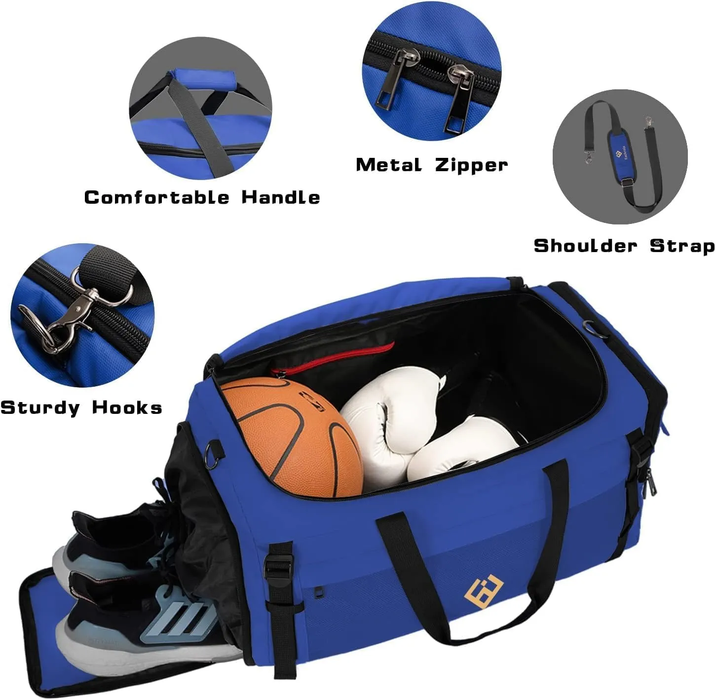 Eackrola Extra Large Sports Gym Bag, Travel Duffel bag with Wet Pocket & Shoes Compartment for men women, 85L, Lightweight Blue