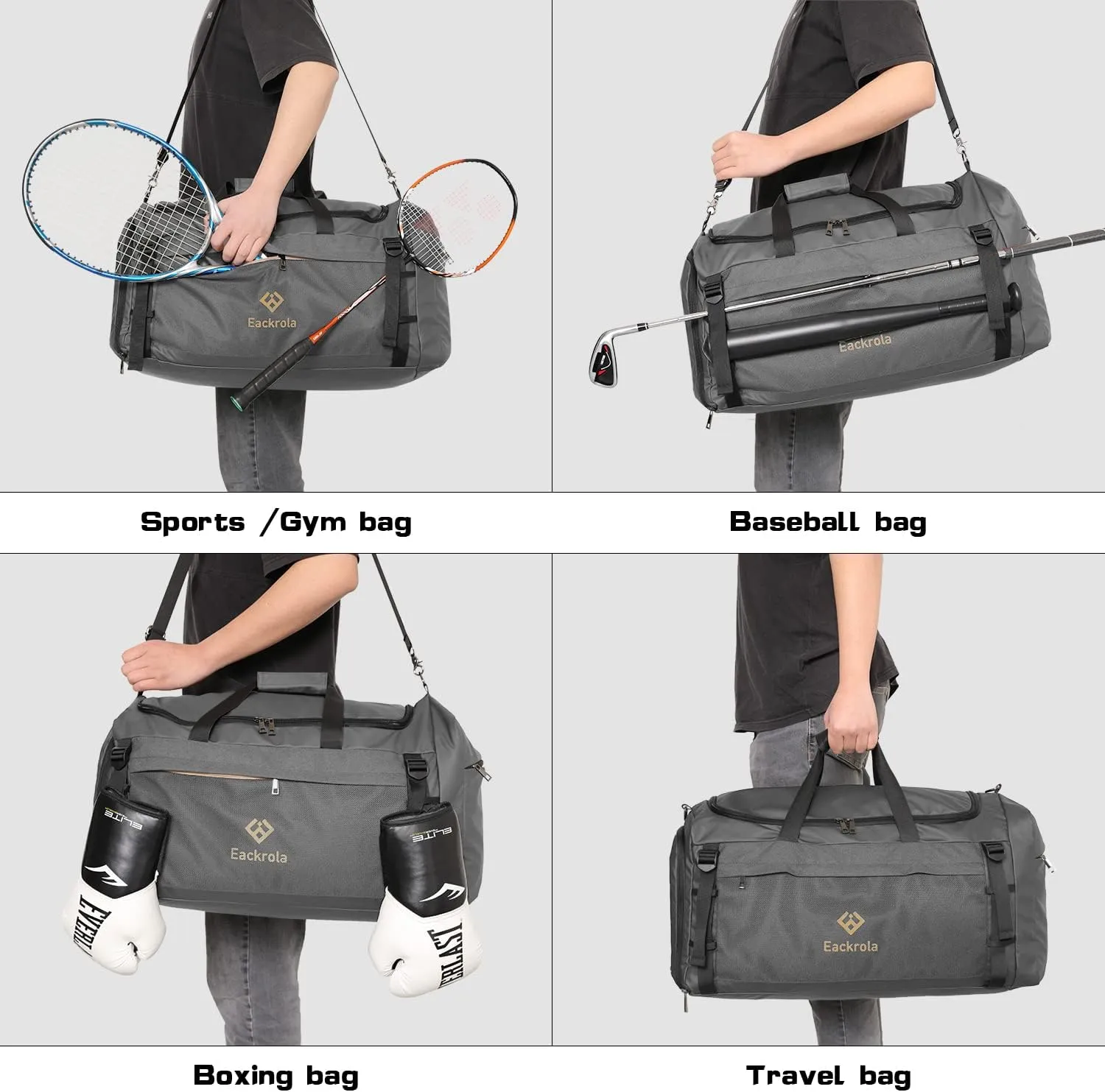 Eackrola Extra Large Sports Gym Bag, Travel Duffel bag with Wet Pocket & Shoes Compartment for men women, 85L, Lightweight Gray