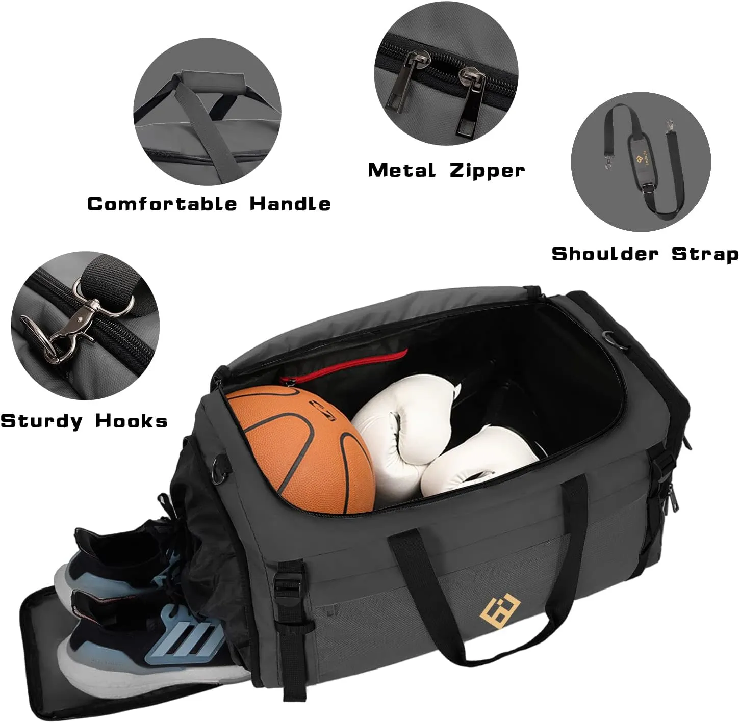 Eackrola Extra Large Sports Gym Bag, Travel Duffel bag with Wet Pocket & Shoes Compartment for men women, 85L, Lightweight Gray